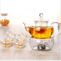 glazen theepot set met warmer en kopjes